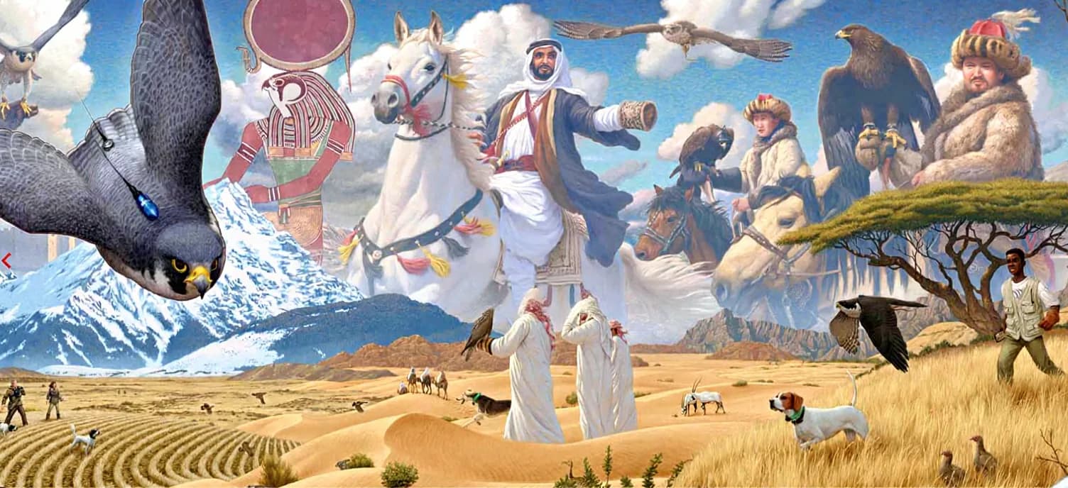 Falconers across the world and through history - Arab falconers on horseback, Kazakh eagle hunters, a peregrine in a stoop, and falconers of many traditions gathered in one landscape.